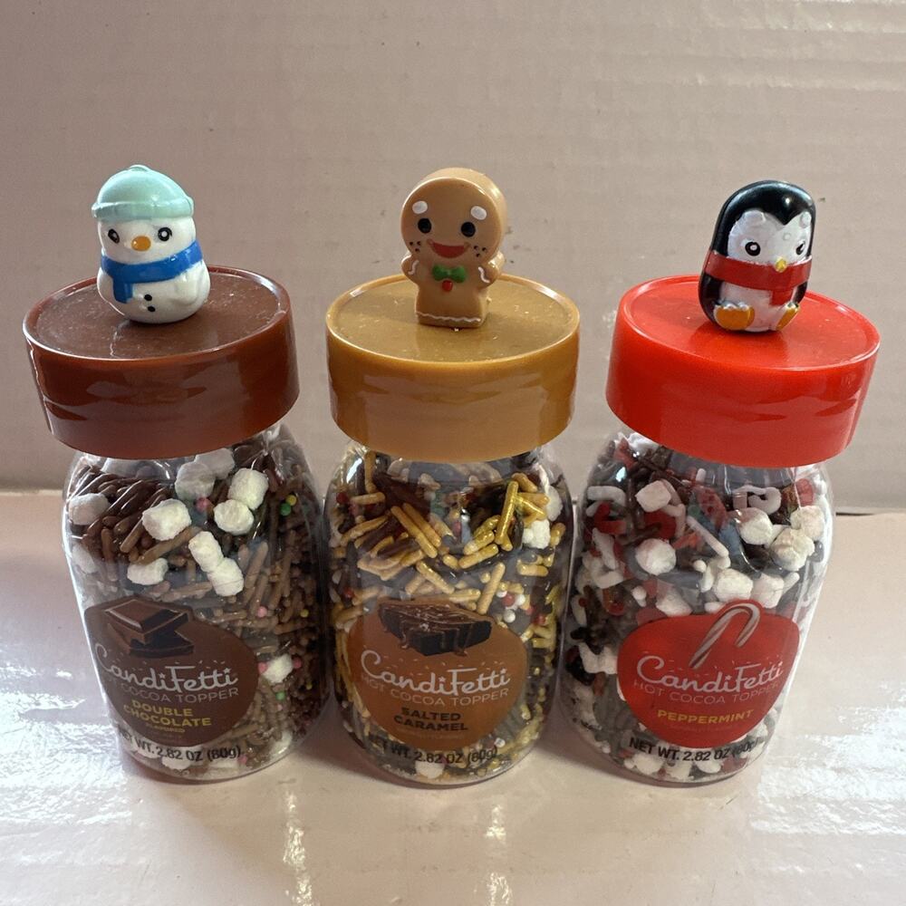 4 Candifetti Hot Cocoa SprinklesCARMEL  ,DOUBLE CHOCOLATE( out of peppermint